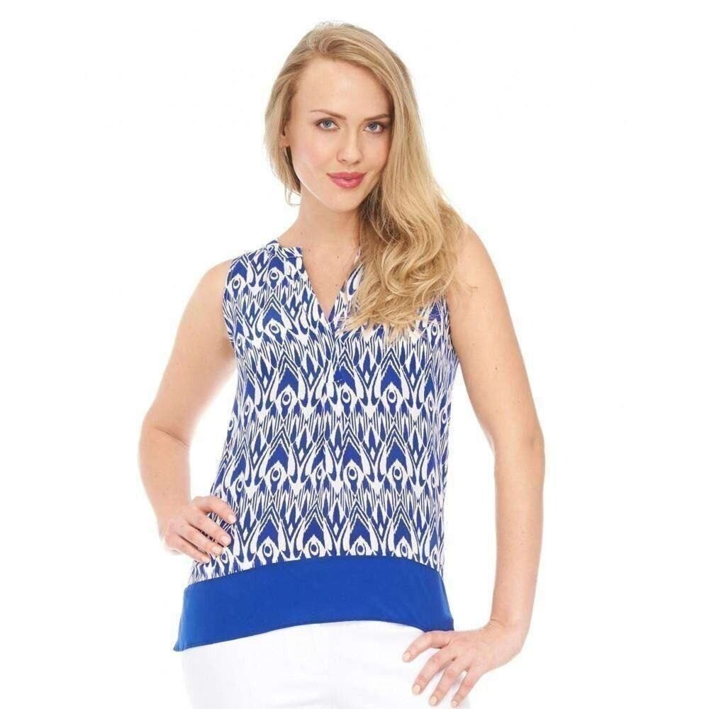 Hatley Womens Blue White Ikat 100% Silk Sleeveless Split Neck Blouse Top S/P